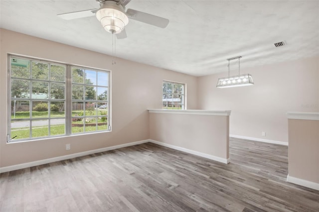 empty room featuring a wealth of natural light, ceiling fan, and hardwood / wood-style flooring