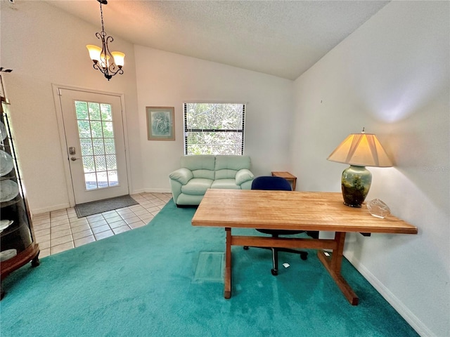 interior space featuring a textured ceiling, lofted ceiling, tile patterned floors, and a notable chandelier