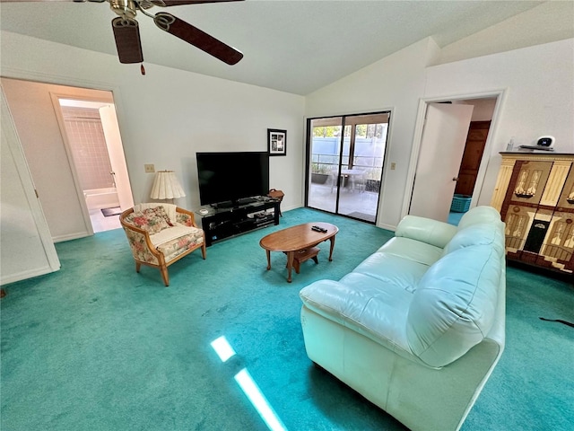 carpeted living room featuring lofted ceiling and ceiling fan