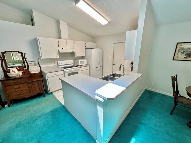 kitchen with white cabinetry, white appliances, sink, carpet floors, and vaulted ceiling