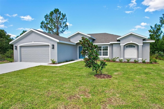 single story home featuring a garage and a front yard