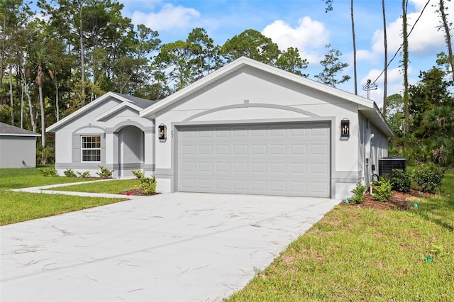 single story home with a front yard, central air condition unit, and a garage