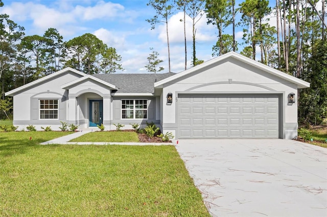 single story home featuring a front yard and a garage