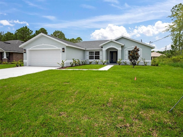 ranch-style house featuring a front yard and a garage