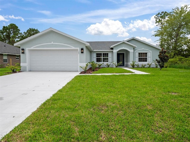 ranch-style house with a garage and a front lawn