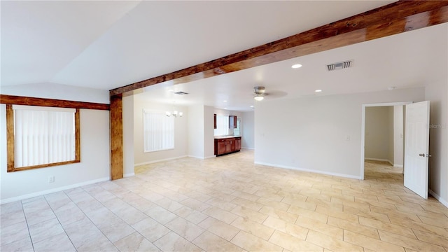 unfurnished room with visible vents, vaulted ceiling with beams, baseboards, and ceiling fan with notable chandelier