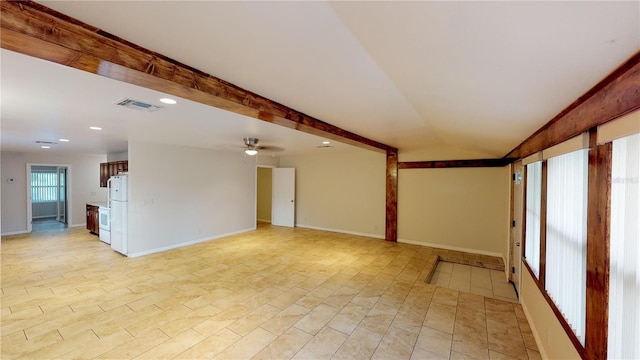 empty room with baseboards, a ceiling fan, visible vents, and recessed lighting