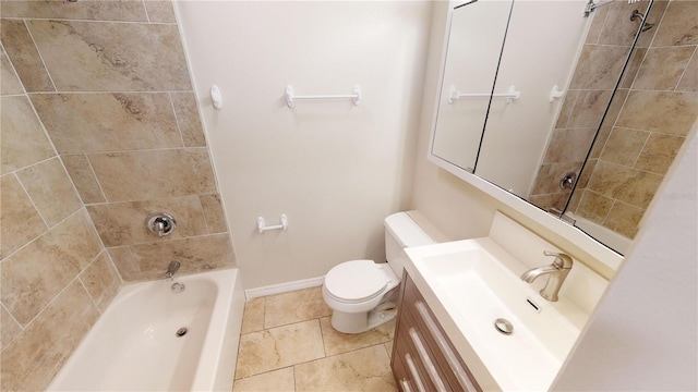 full bathroom featuring toilet, vanity, shower / tub combination, tile patterned flooring, and baseboards