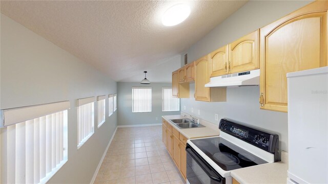 kitchen with white refrigerator, light countertops, black electric range, under cabinet range hood, and a sink