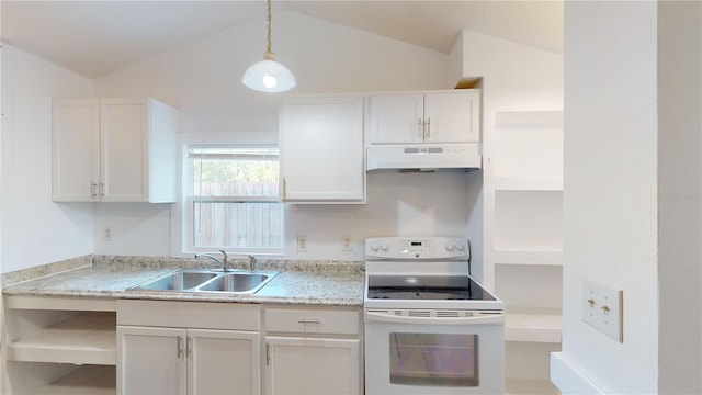 kitchen with electric stove, under cabinet range hood, white cabinetry, open shelves, and a sink