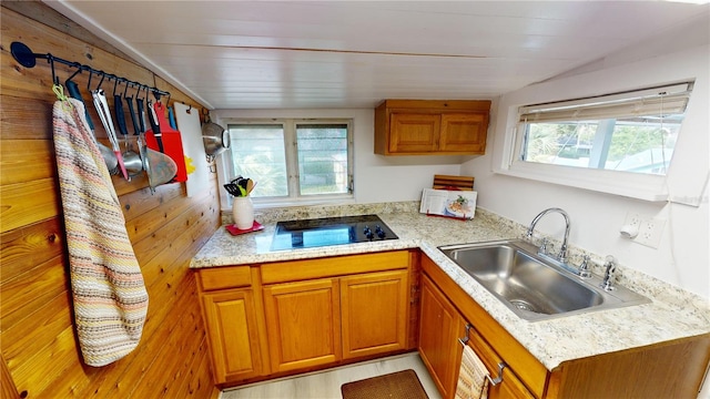 kitchen featuring brown cabinetry, a wealth of natural light, light countertops, and a sink