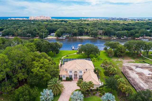 drone / aerial view with a water view