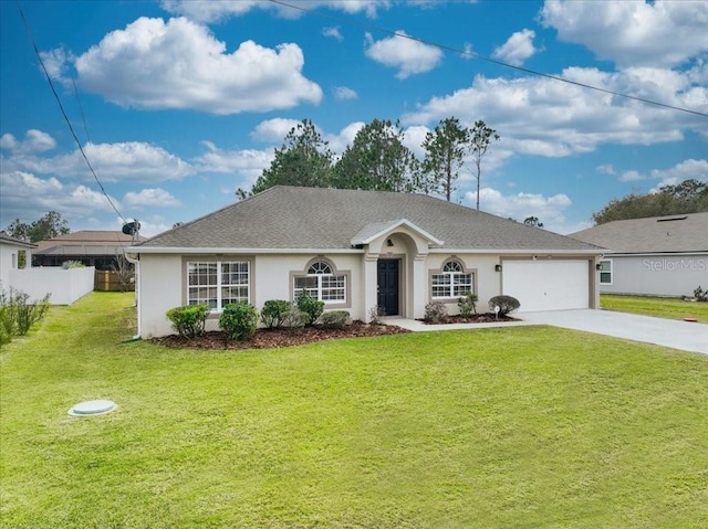 ranch-style house with a garage and a front lawn