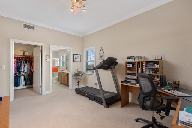 office area featuring ornamental molding and light colored carpet