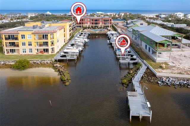 drone / aerial view featuring a water view