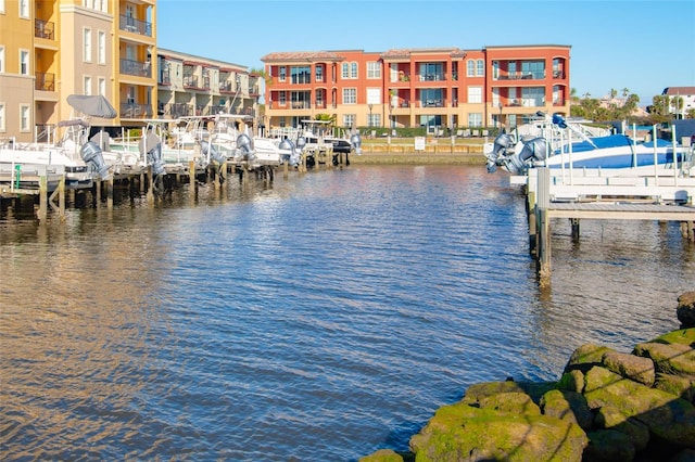 view of dock with a water view