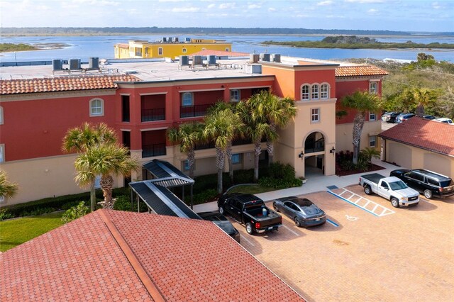 aerial view featuring a water view