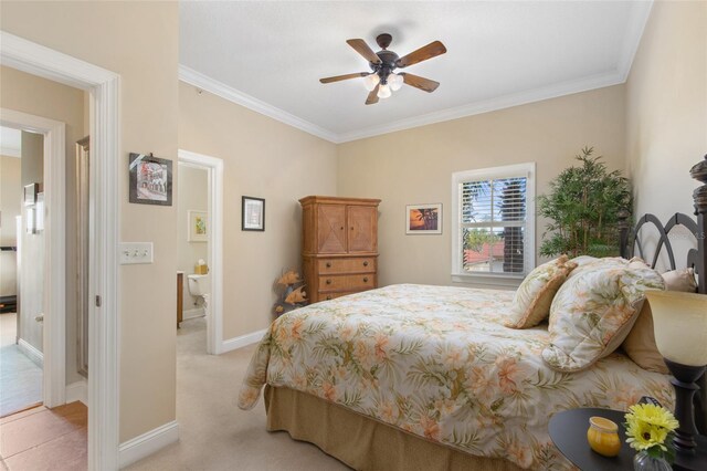 bedroom with ceiling fan, light carpet, and ornamental molding