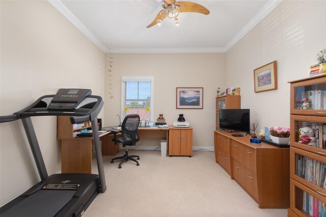 carpeted office space featuring ceiling fan and crown molding