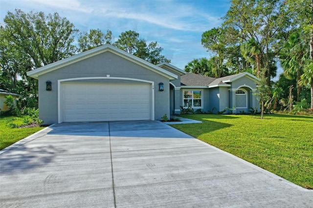 single story home featuring a front yard and a garage