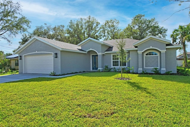 ranch-style house with a front lawn and a garage