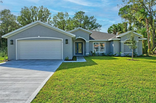 single story home featuring a front yard and a garage