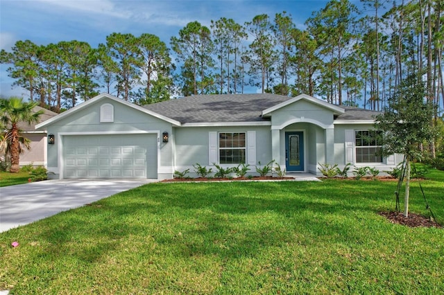 single story home featuring a garage and a front lawn