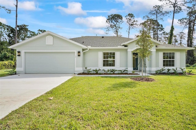 ranch-style home featuring a front yard and a garage