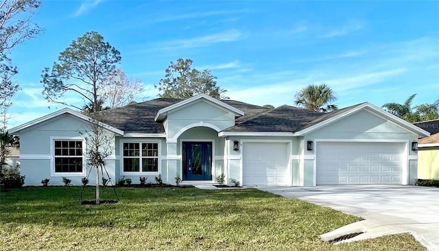 single story home featuring a front lawn and a garage