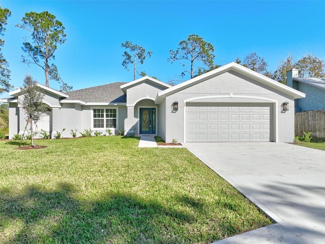 single story home featuring a garage and a front lawn