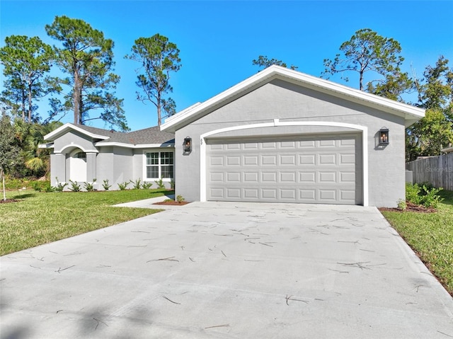 ranch-style house with a front yard and a garage