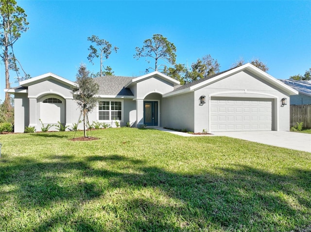 single story home with a garage and a front yard