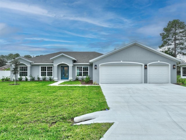 ranch-style home with a front lawn and a garage