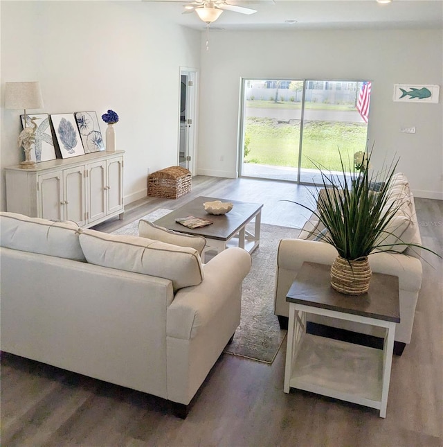 living room with hardwood / wood-style floors and ceiling fan