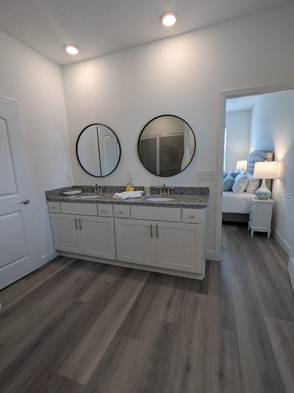 bathroom with vanity and hardwood / wood-style floors