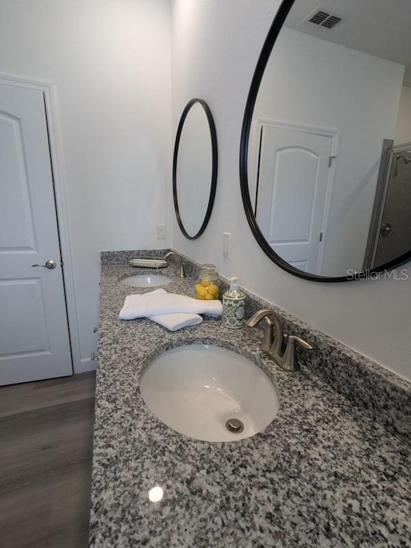 bathroom with vanity and wood-type flooring