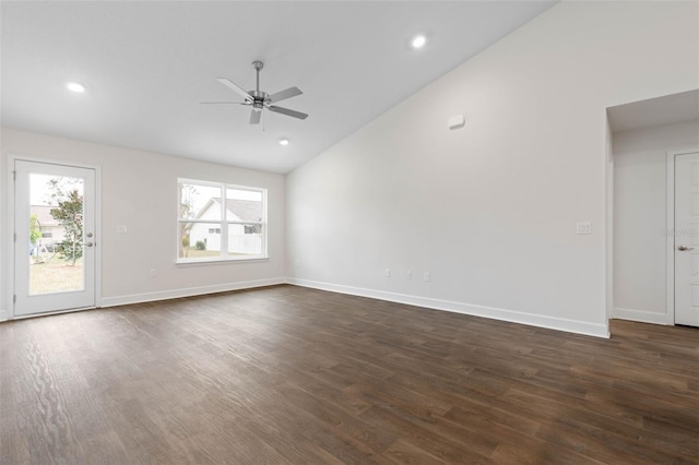 unfurnished living room with ceiling fan, dark hardwood / wood-style flooring, and high vaulted ceiling