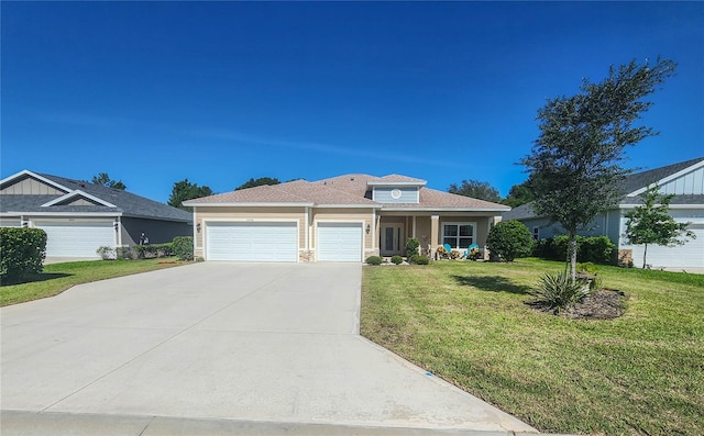 single story home featuring a front lawn and a garage