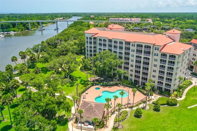 aerial view featuring a water view