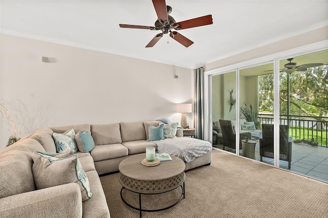 living room with ceiling fan and carpet