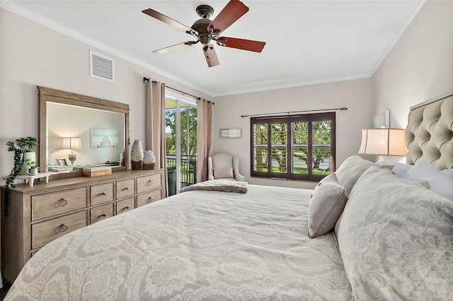 bedroom featuring ceiling fan, access to exterior, and crown molding