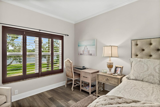 bedroom featuring dark hardwood / wood-style flooring and crown molding