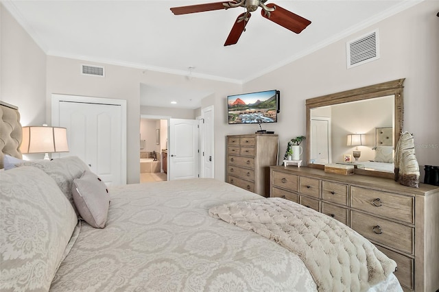 bedroom with ensuite bath, ceiling fan, and ornamental molding