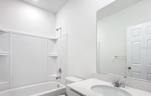 full bathroom with washtub / shower combination, toilet, and vanity