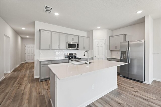 kitchen featuring sink, gray cabinetry, stainless steel appliances, and an island with sink