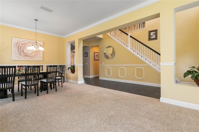 carpeted living room with a notable chandelier and crown molding