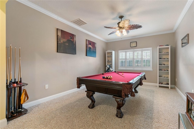 recreation room featuring pool table, ornamental molding, light colored carpet, and ceiling fan