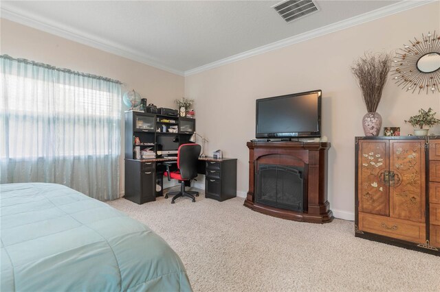 bedroom with carpet and ornamental molding