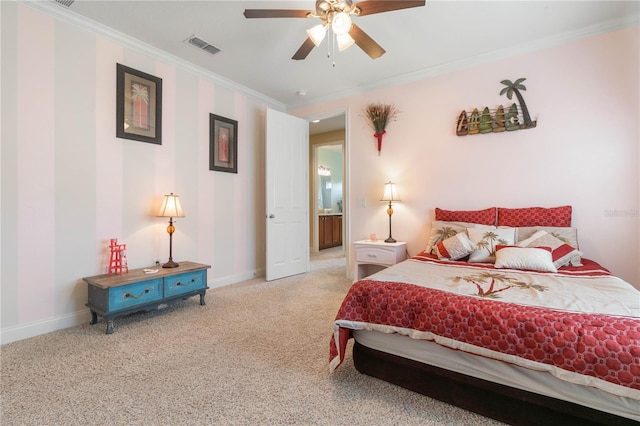 carpeted bedroom with crown molding and ceiling fan