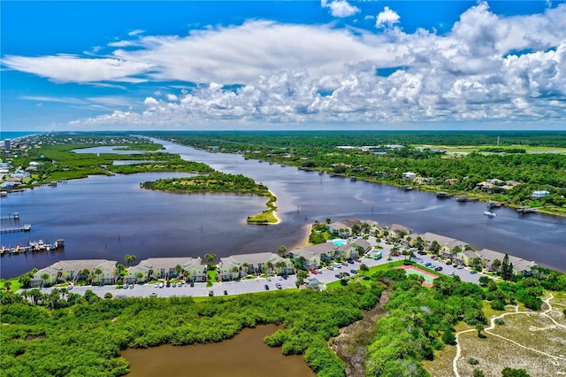 drone / aerial view with a water view